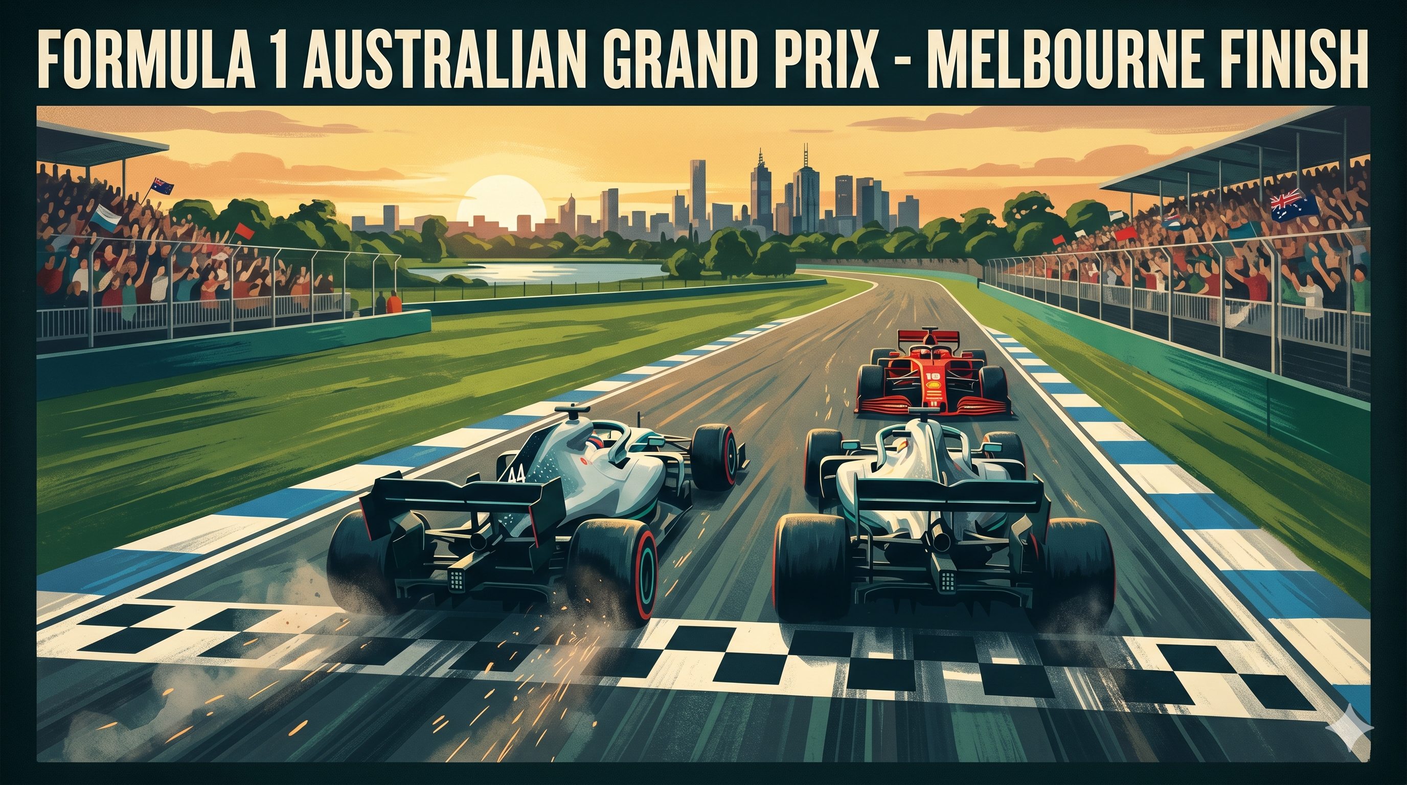 Painted illustration of two Mercedes leading a Ferrari across the Albert Park finish line, Melbourne skyline silhouetted in the distance