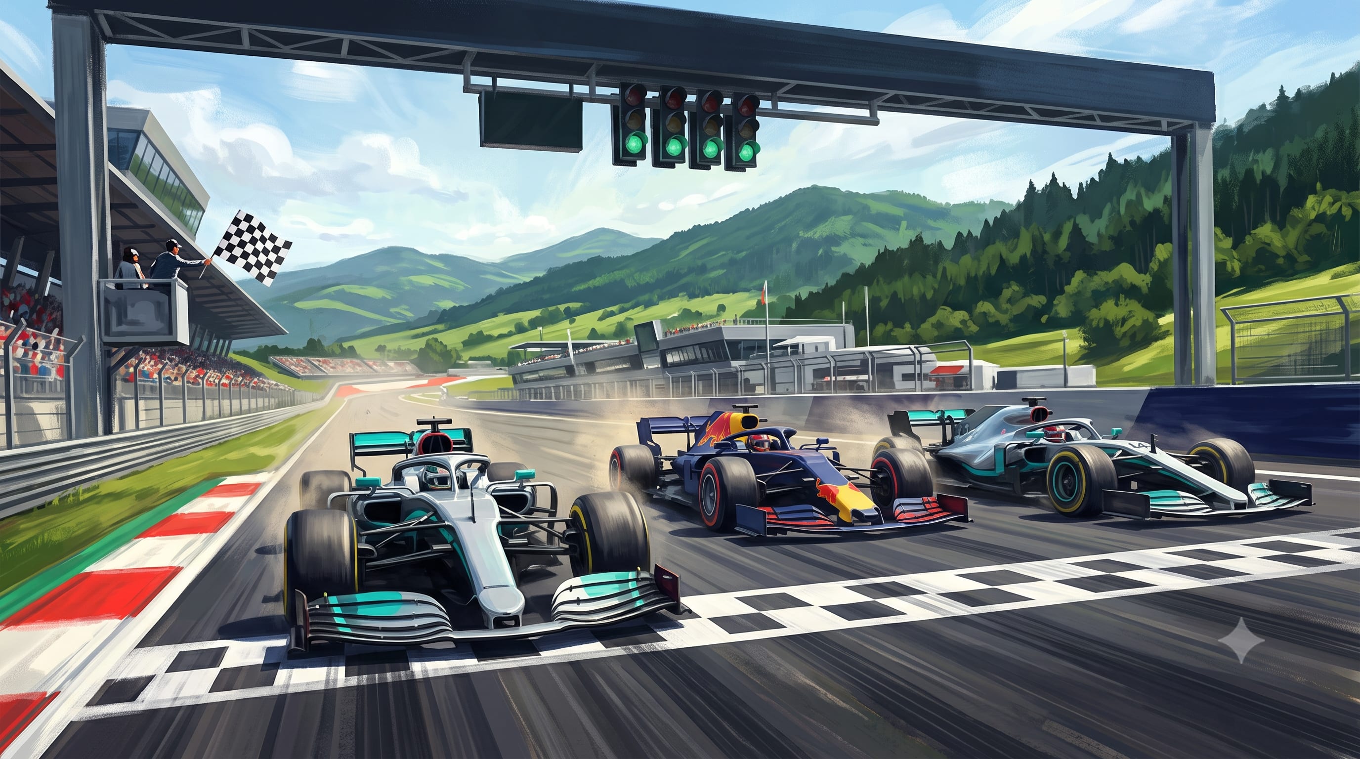 Painted illustration of a Mercedes leading a Red Bull and a second Mercedes across the Red Bull Ring finish line, the green Styrian hills silhouetted in the distance