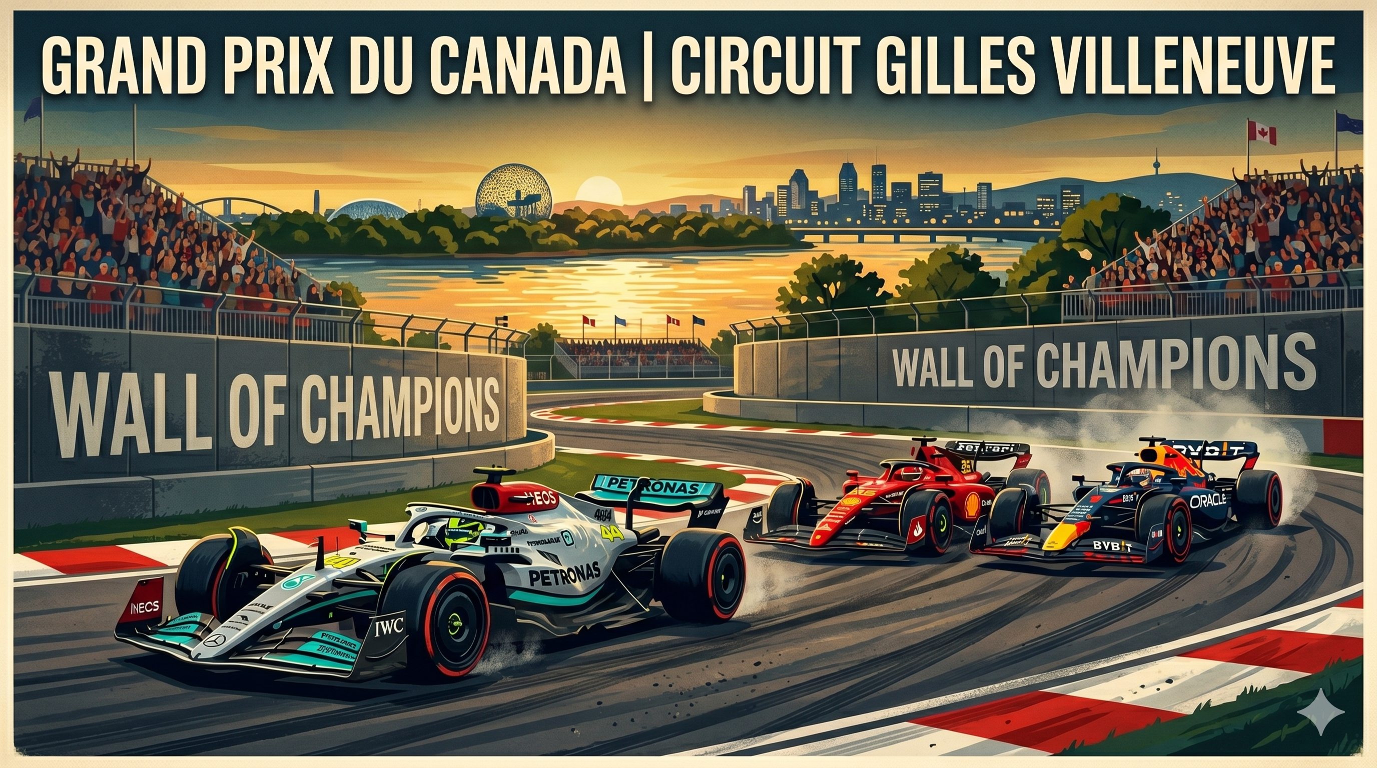 Painted illustration of a Mercedes leading a Ferrari and a Red Bull through the Senna chicane at Circuit Gilles Villeneuve, the Wall of Champions in the background