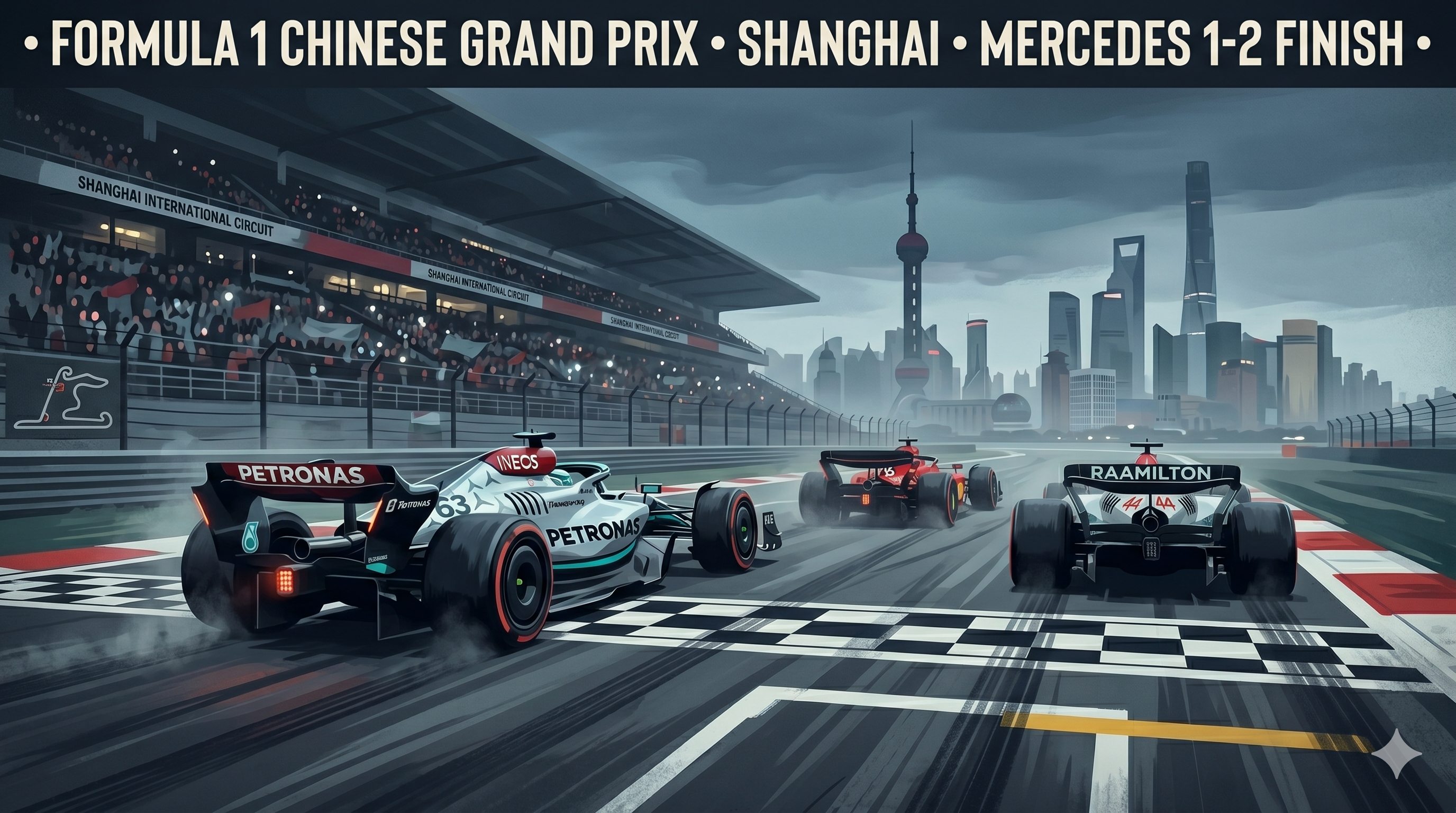 Painted illustration of two Mercedes leading a Ferrari across the Shanghai finish line, Pudong skyline silhouetted in the distance