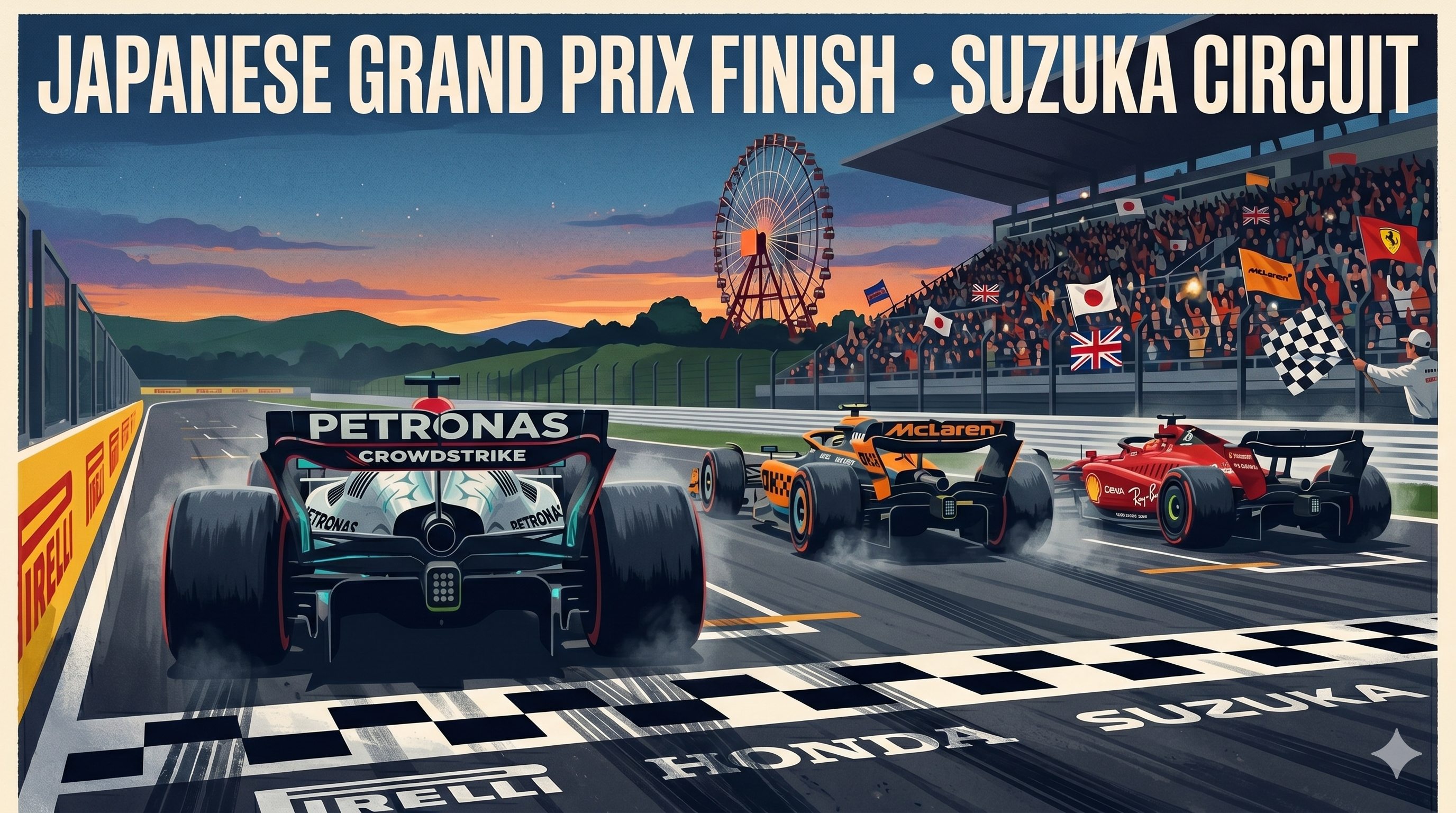 Painted illustration of a Mercedes leading a McLaren and a Ferrari across the Suzuka finish line, Motopia ferris wheel silhouetted in the distance