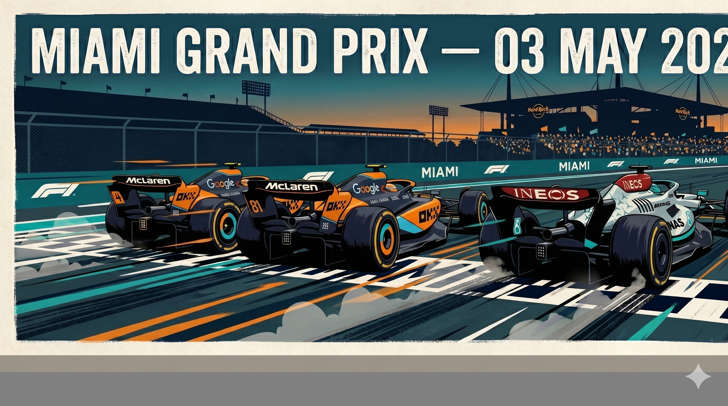 Painted illustration of a Mercedes leading two McLarens across the Miami finish line, Hard Rock Stadium silhouetted in the distance