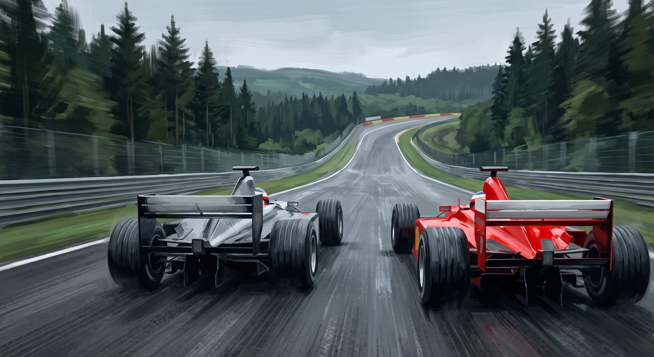 Painted illustration of a silver Mercedes drawing alongside a red Ferrari at the top of the Kemmel straight on the approach to Les Combes at Spa-Francorchamps