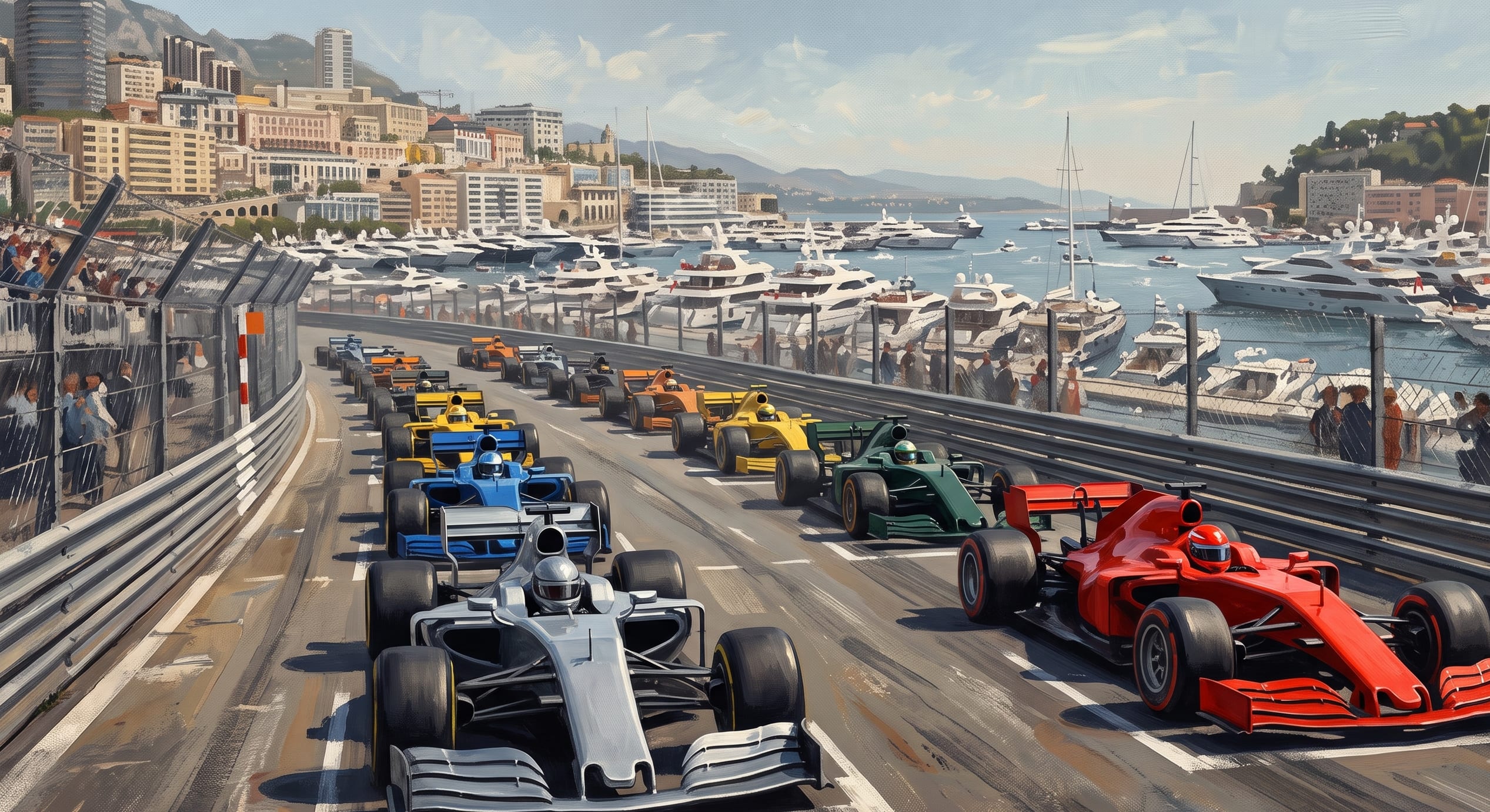 Painted illustration of the Formula 1 field lined up in formation for a standing restart on the Monaco grid, the harbour and yachts behind the barriers