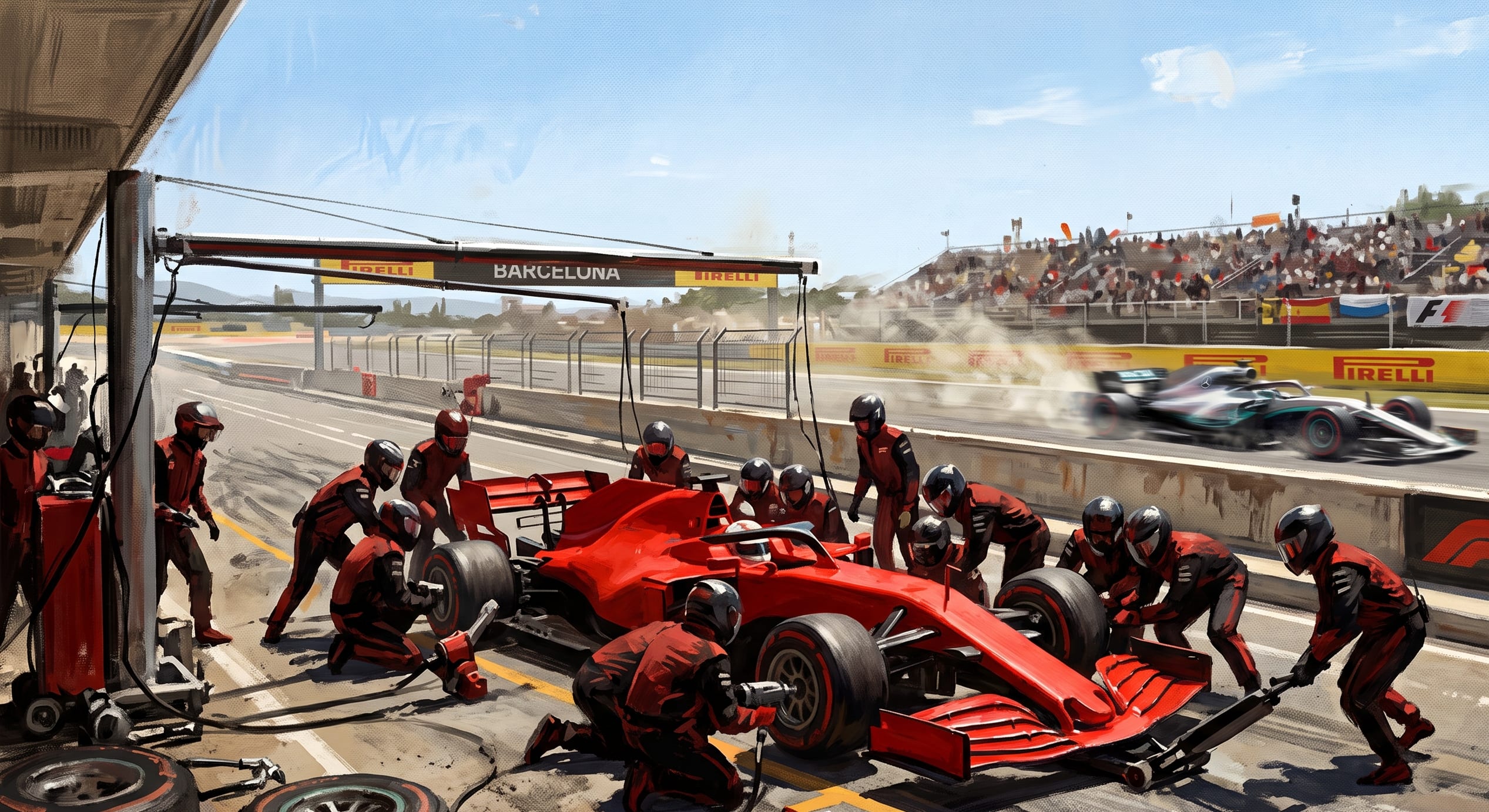 Painted illustration of a red Ferrari stationary in its pit box during a virtual safety car while a silver Mercedes passes on the track behind