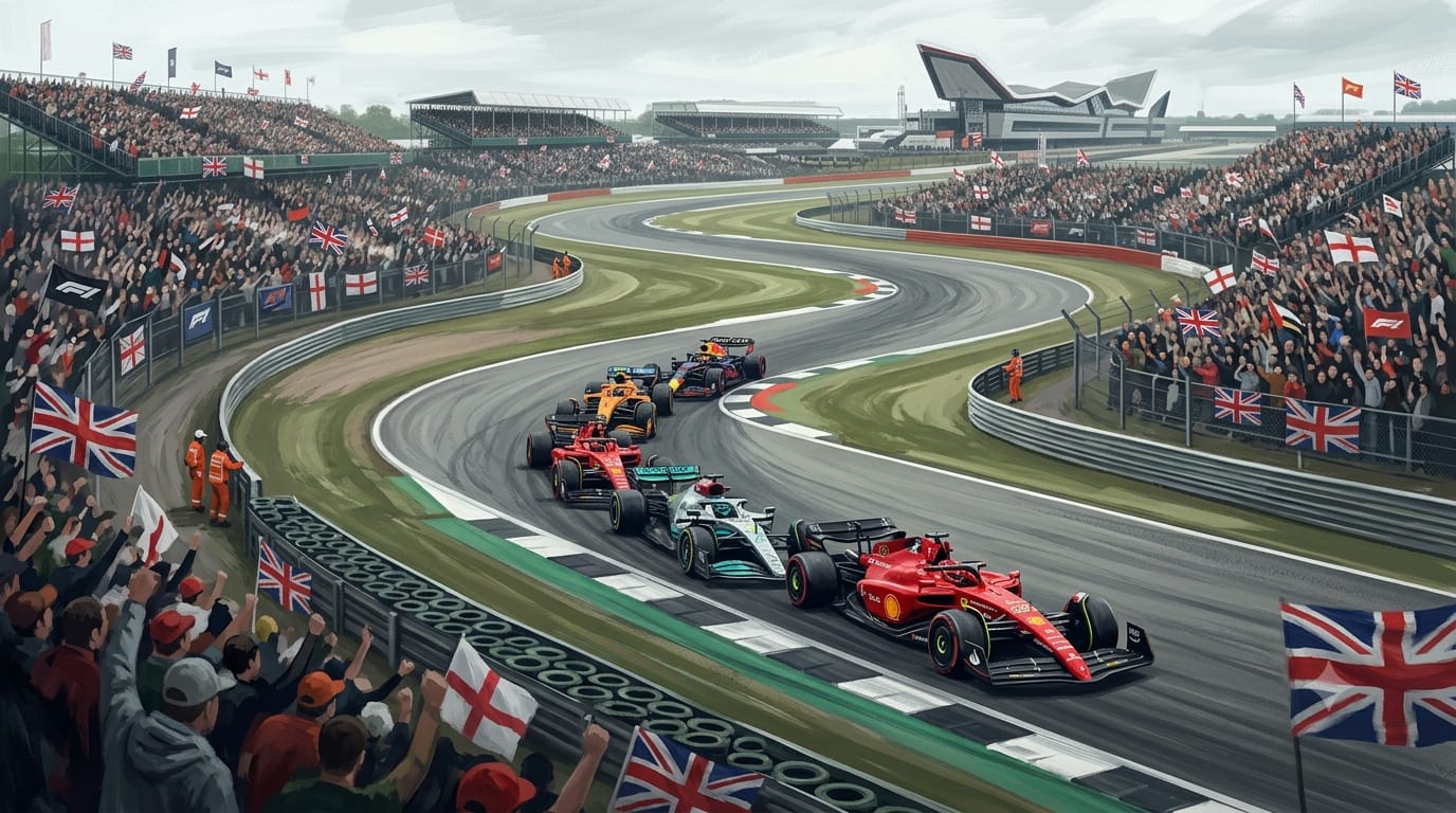 Painted illustration of a Ferrari heading a nose-to-tail queue of cars through Silverstone's Maggotts and Becketts sweeps after a late safety-car restart