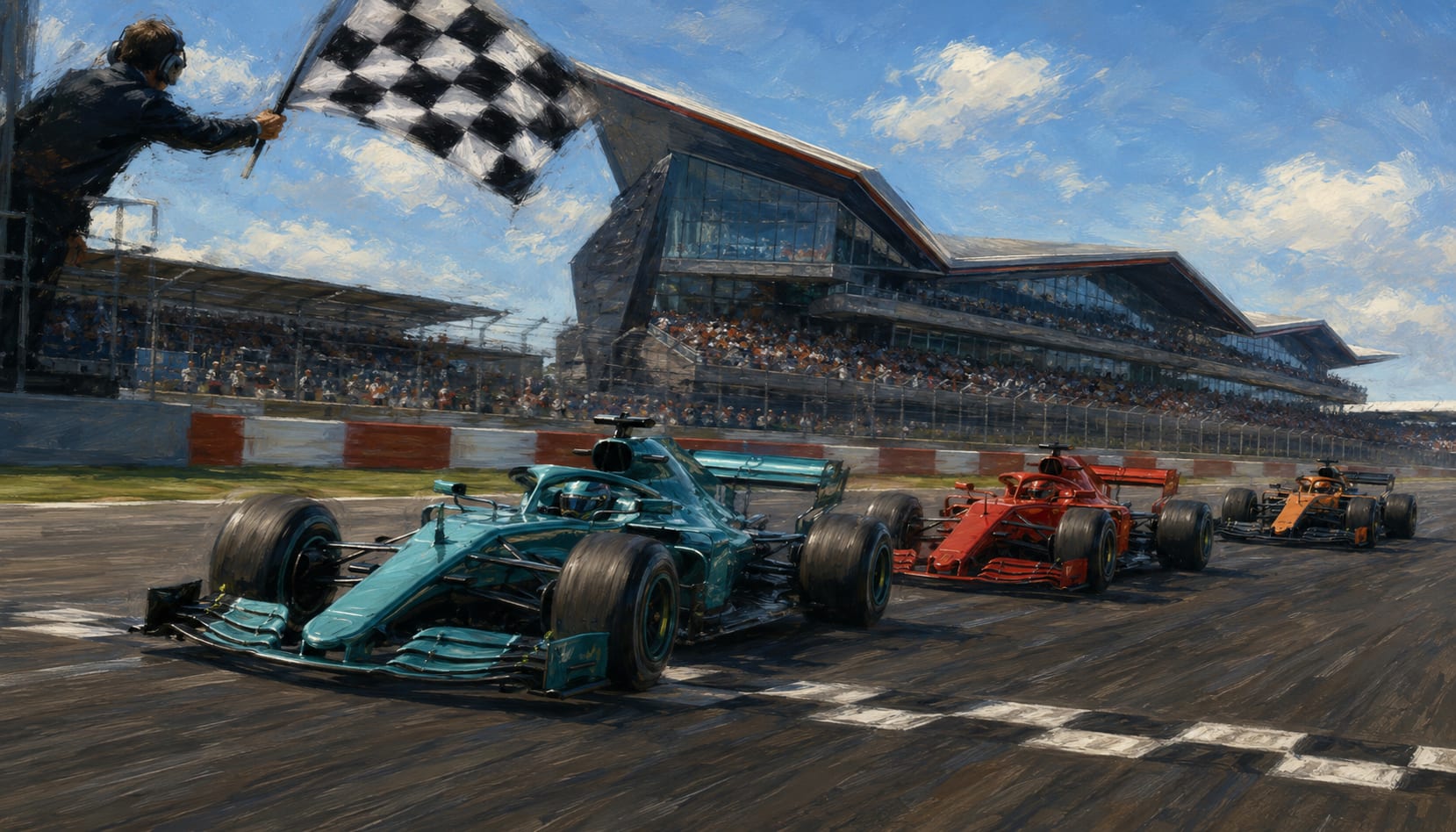 Painted illustration of a Mercedes leading a Ferrari and a McLaren across the Silverstone finish line, the Silverstone Wing grandstand silhouetted in the distance